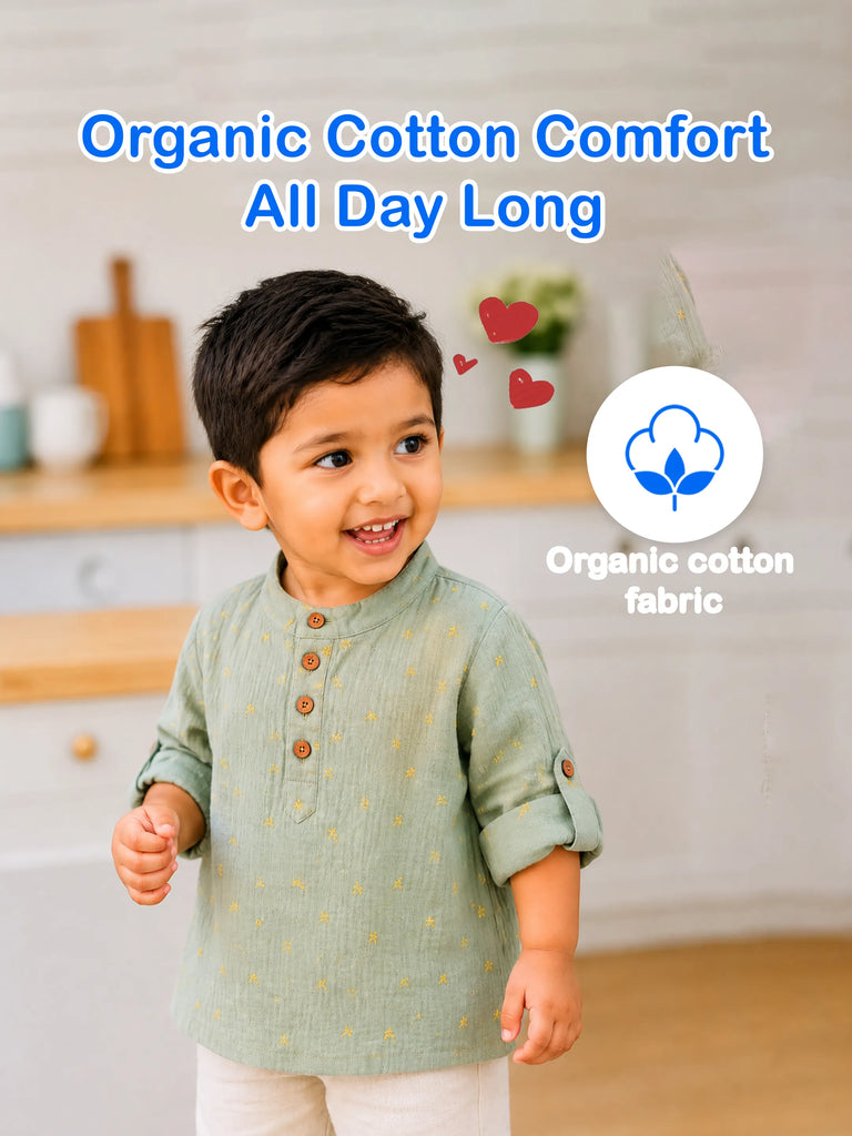Organic Cotton Boys Mandarin Collar Full Sleeve Shirt - Sage Green