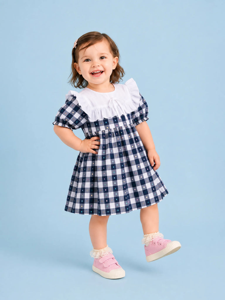 Light Organic Cotton White & Black Checkered Frill Collar Frock Dress