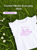 Girls White Top – Cute Bunny “Nom Nom Nom” Print with Ruffle Sleeves
