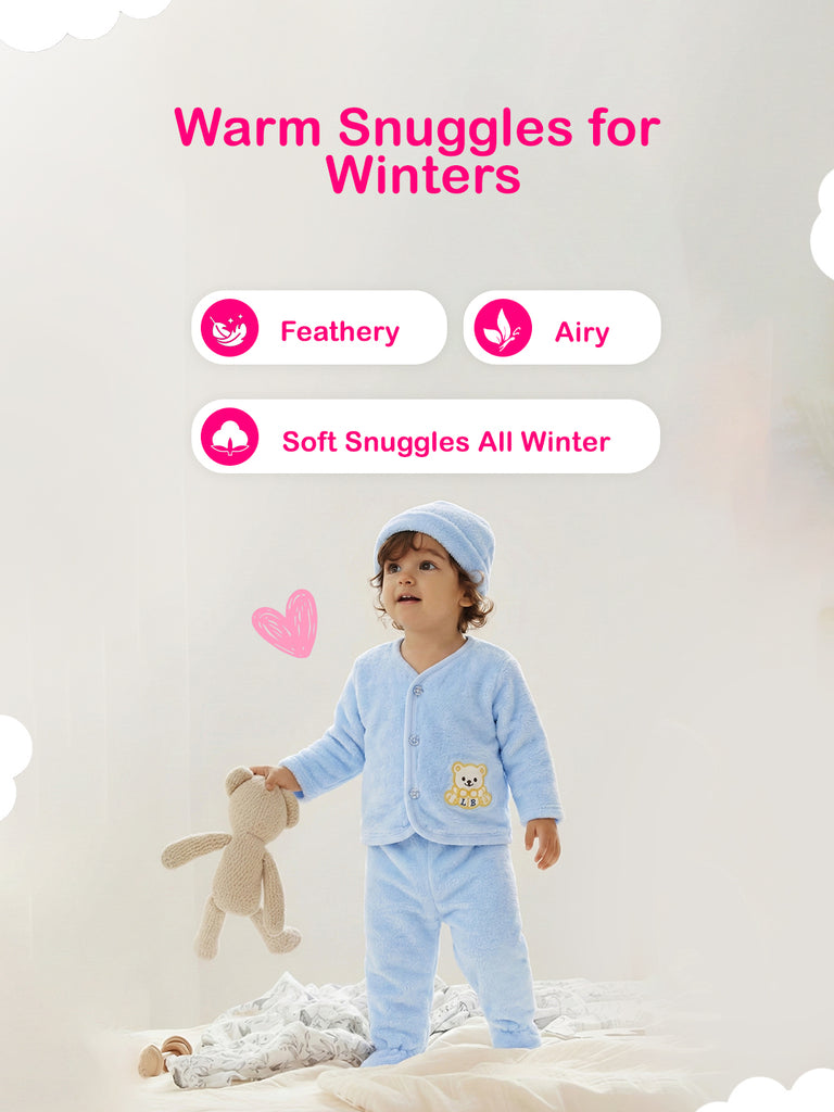 Unisex Baby Winter Wear – Pack of 5 Cozy Set with Cardigan, Pants, Footed Pants, Cap & Bib