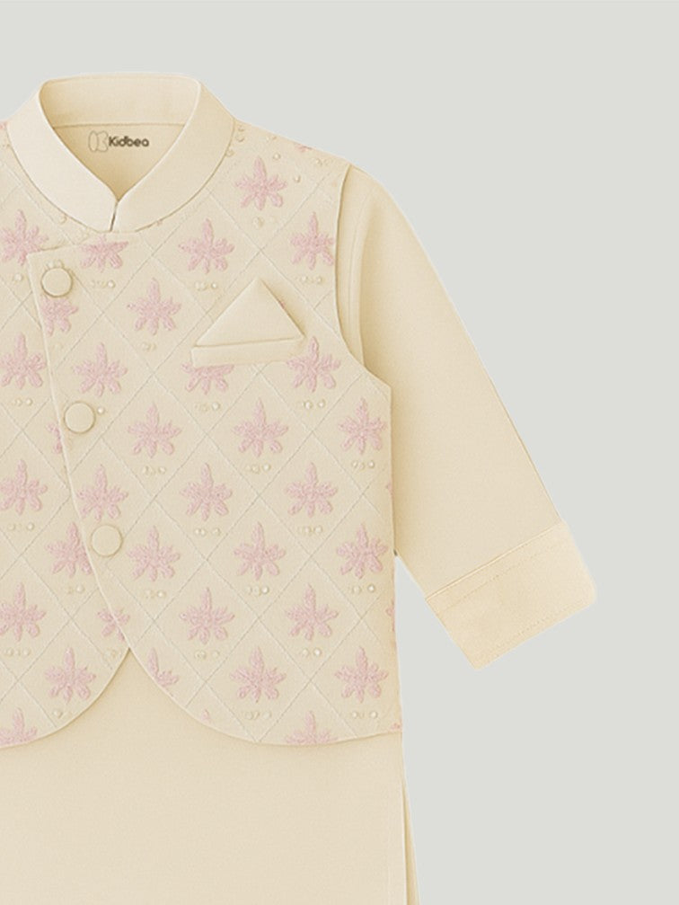 Kidbea Boys Kurta Pajama Set with Asymmetric Embroidered Nehru Jacket | Festive & Ethnic Wear Outfit | Pink