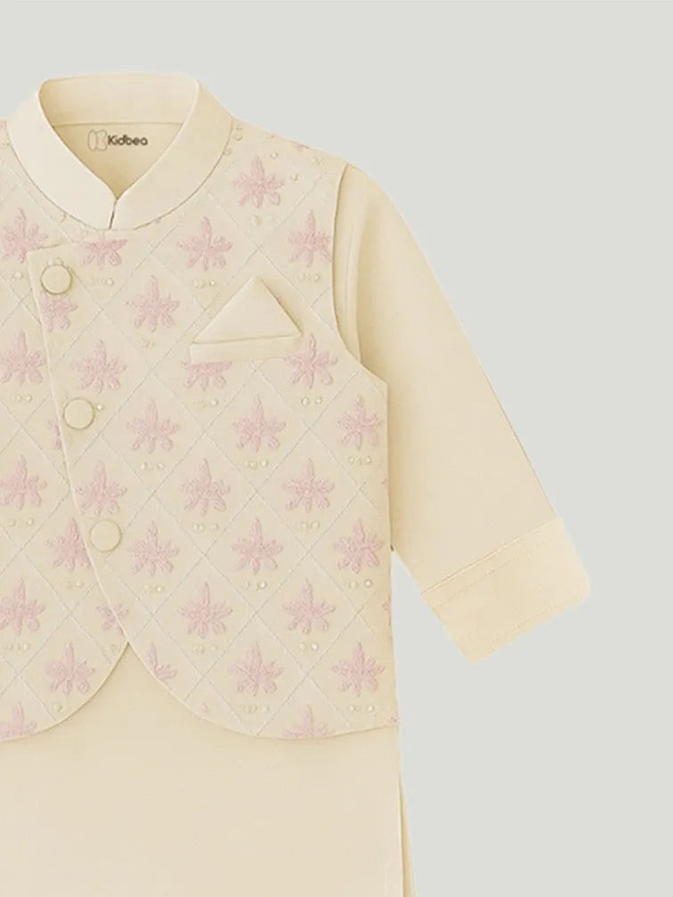 Boys Kurta Pajama Set with Asymmetric Embroidered Nehru Jacket | Festive & Ethnic Wear Outfit | Pink