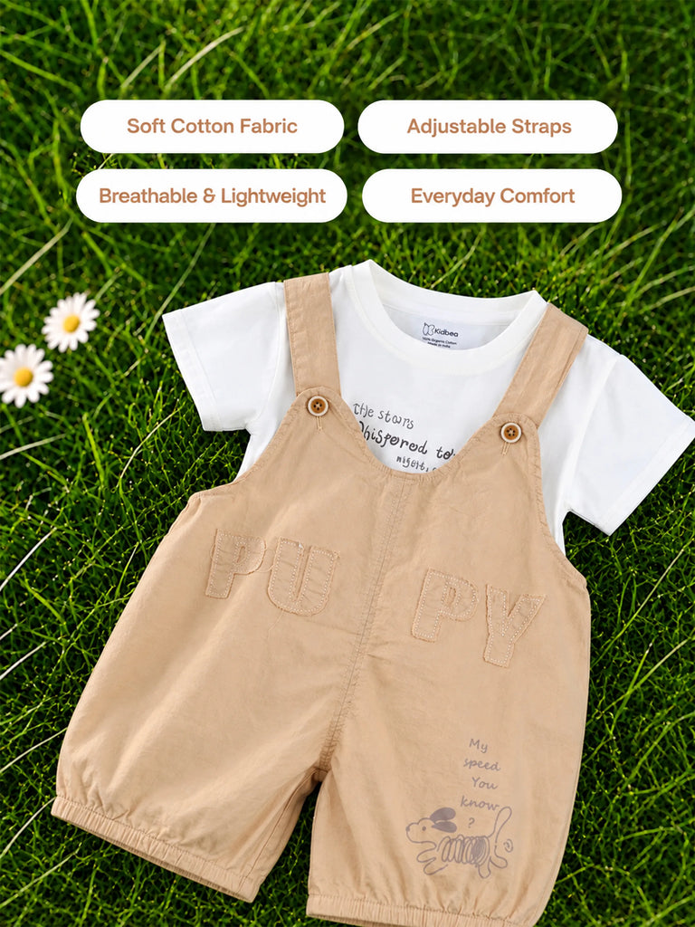 Kids Cotton Dungaree Set with T-Shirt – Beige Suspender Romper & White Tee Set