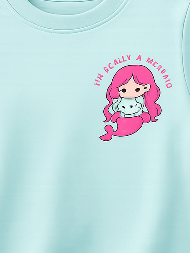 Girls Light Organic Cotton Aqua Blue Mermaid Print T-Shirt