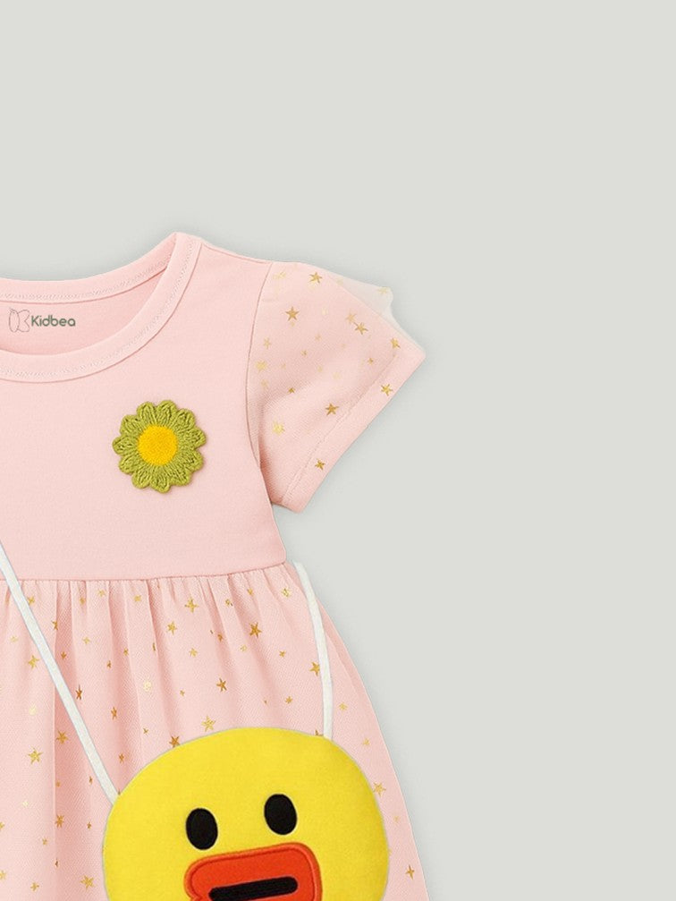 Kidbea Baby Girl Party Dress with Duck Bag | Stylish Frock with Golden Star Print, Puff Sleeves | Birthday Dress for Toddlers & Infants Pink