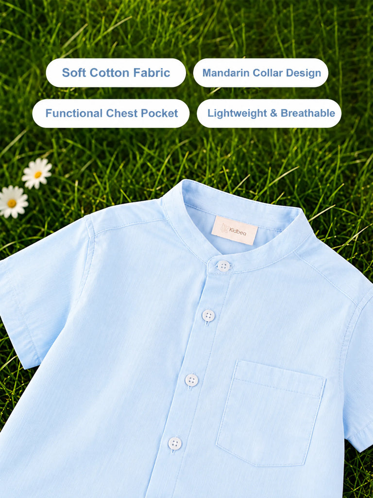 Boys Cotton Mandarin Collar Shirt – Short Sleeve Casual Shirt with Pocket