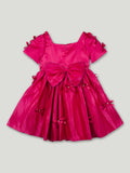Baby Girl Party Dress – Red Satin Bow Dress with Pearl Detail & Flared Skirt for Kids