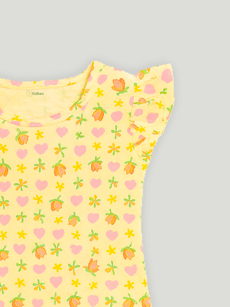Kidbea Girls Floral and Heart Print Clothing Set | Short Sleeve Ruffle Top and Elastic Waist Shorts for Kids | Yellow