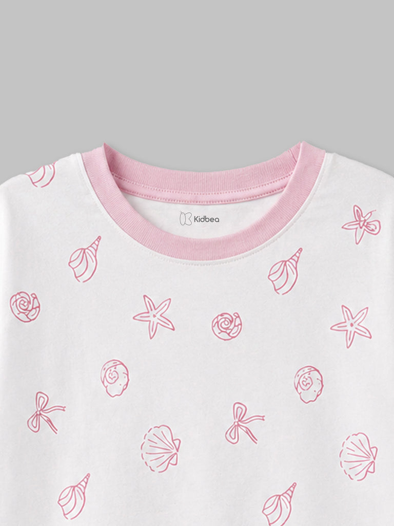 Girls White Organic Cotton Round Neck Tiny Floral Print T-Shirt