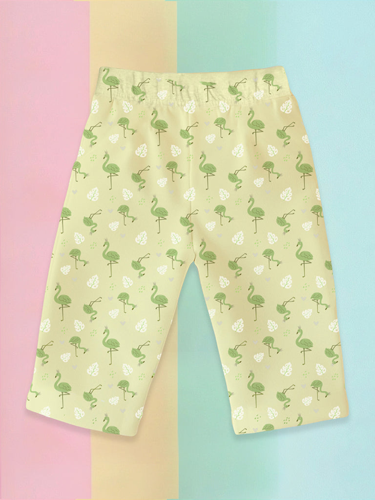 100% Bamboo Cotton Girls Full Sleeves Flamingo Printed Co-Ord Set - Soft Yellow