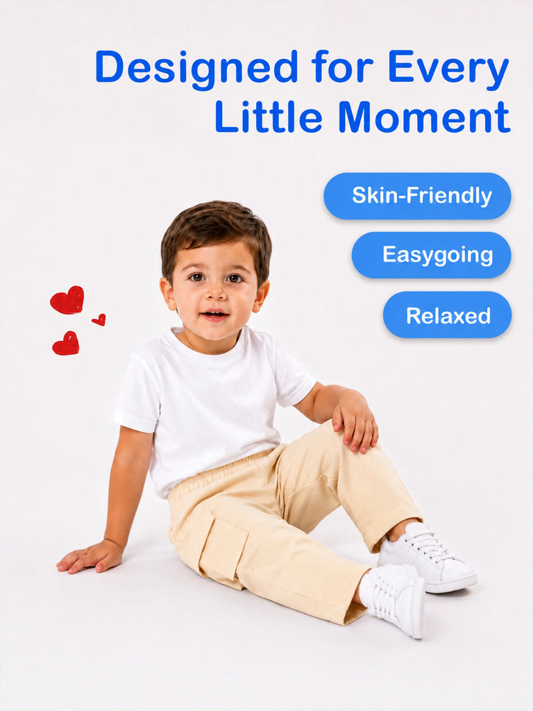 Unisex Light Beige Cotton Kids Cargo Pants – Comfortable Everyday Bottomwear