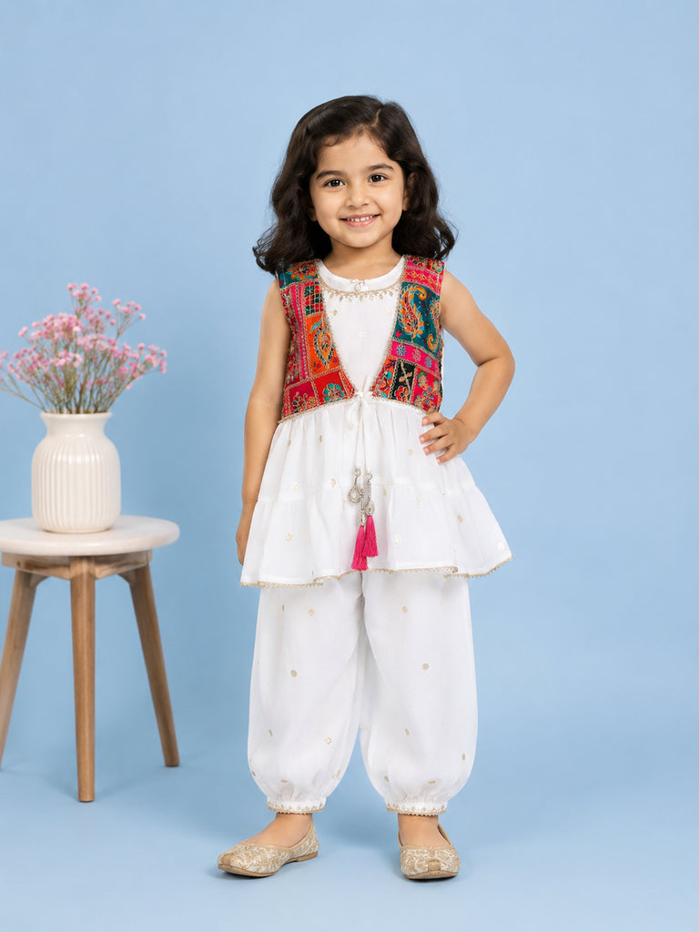 Girls White Ethnic Kurta & Dhoti Set – Multicolor Printed Jacket Festive Wear