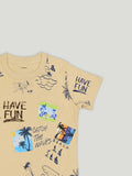 Kidbea Boys Beach Theme Co-Ord Set | Summer Cotton T-Shirt and Shorts for Boys | Beige