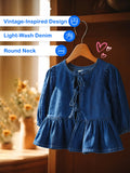 Girls Denim Peplum Top with Puff Sleeves - Dark Blue