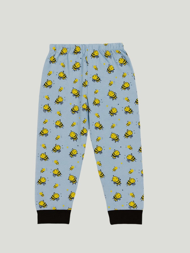 Kidbea Unisex Cotton Nightwear Set for Kids | Soft Breathable Sleepwear with Cute Bee Print & Full Sleeves Top | Blue