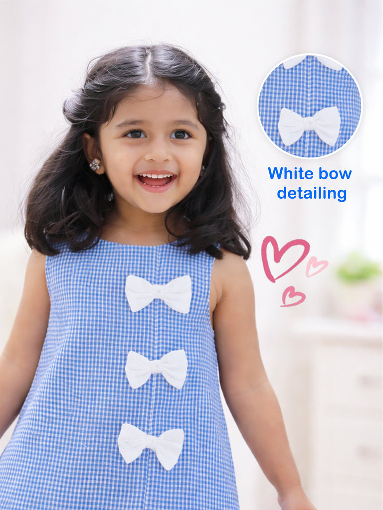 Blue & White Cotton Checked A-Line Dress | Soft Sleeveless Summer Frock with Bow