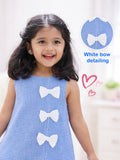Blue & White Cotton Checked A-Line Dress | Soft Sleeveless Summer Frock with Bow