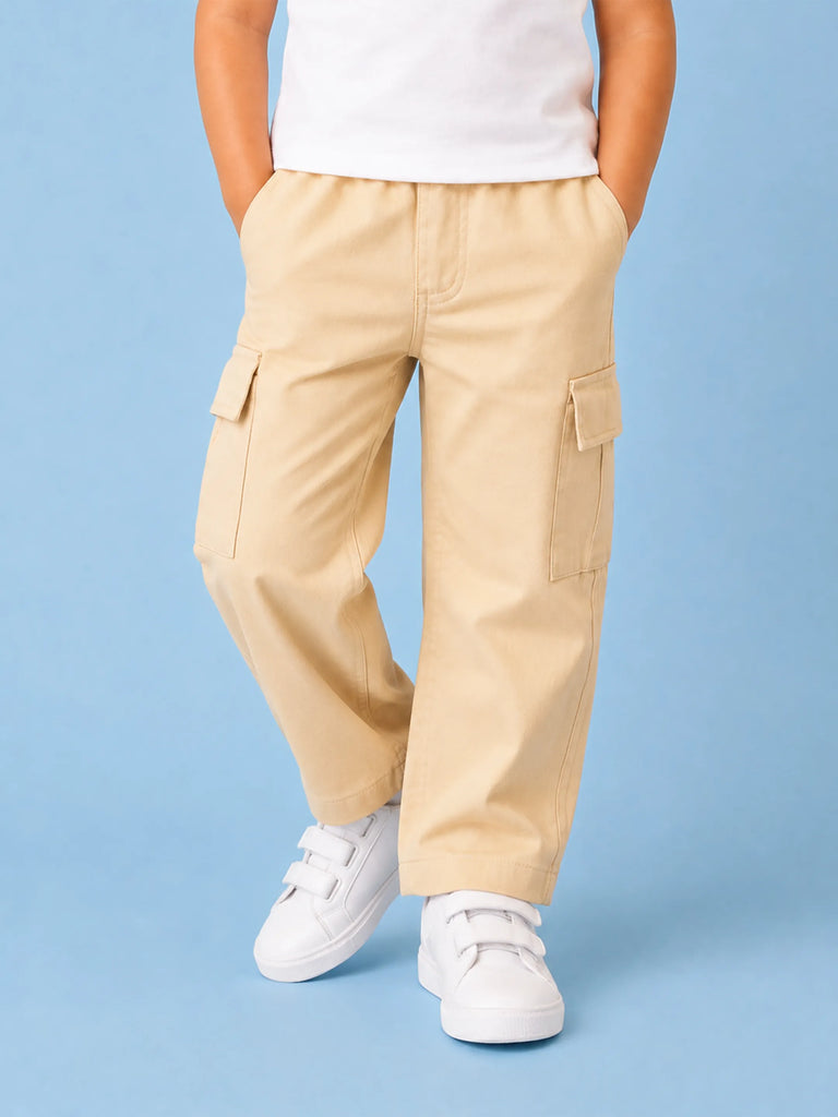 Unisex Light Beige Cotton Kids Cargo Pants – Comfortable Everyday Bottomwear