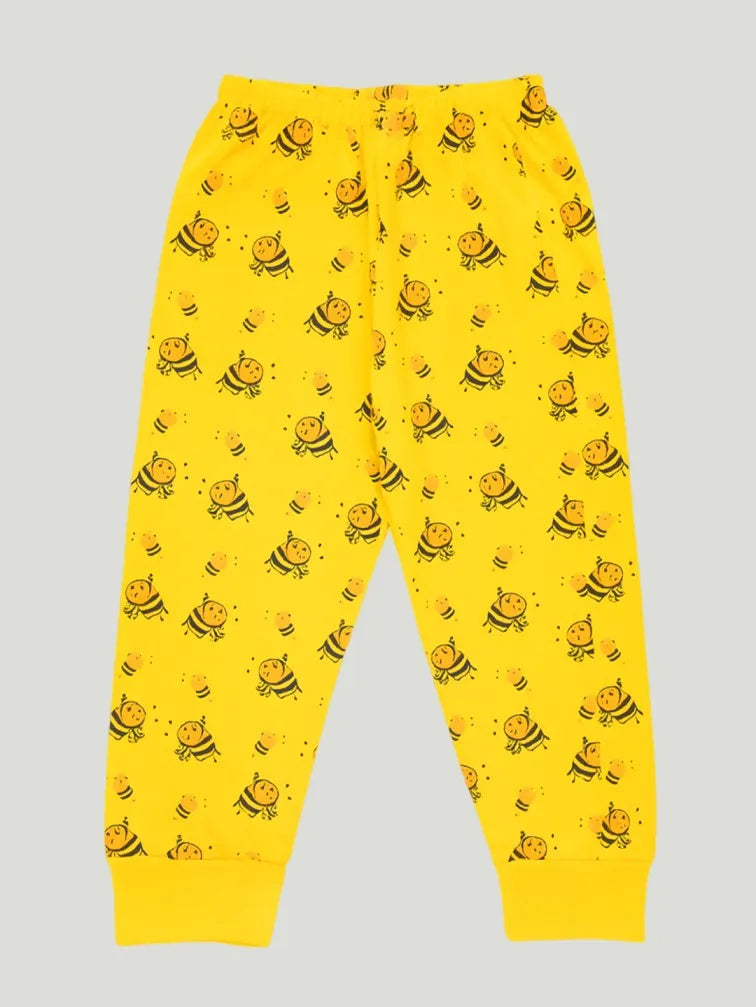 Unisex Cotton Nightwear Set for Kids | Cute Bee Print & Full Sleeves Top | Yellow