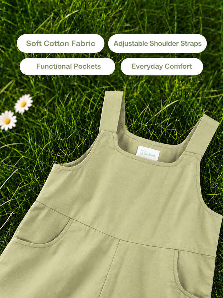 Unisex Cotton Dungaree Shorts – Olive Green Sleeveless Suspender Romper with Pockets