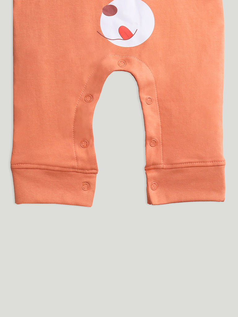 100% Organic Cotton Full Sleeves Bear Printed Romper - Orange