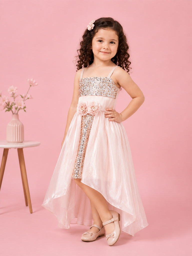 Girls Pink Partywear Frock – Sequin & Floral Embellished High-Low Dress