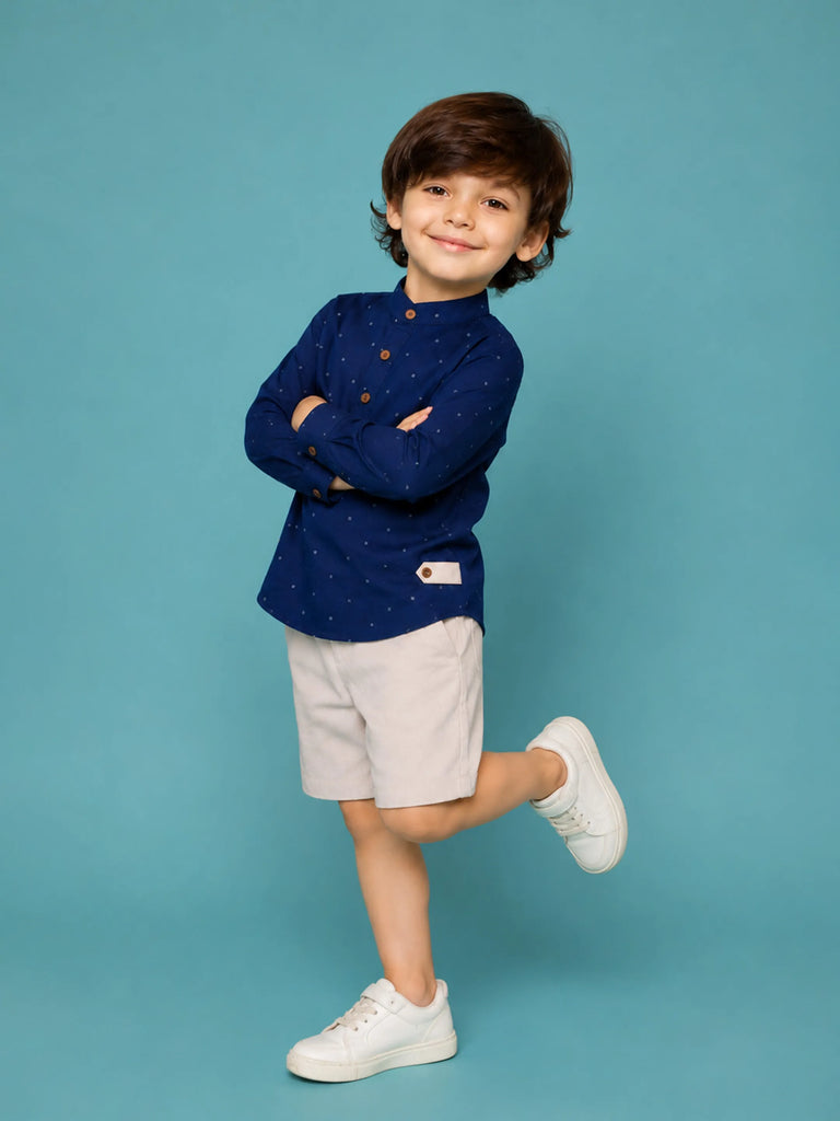 Light Organic Cotton Navy Blue Shirt & Beige Shorts Co-ord Set