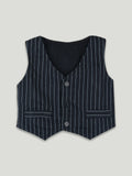 Boys Formal 3-Piece Suit Set – Black Pinstripe Waistcoat, Shirt & Pants with Bow Tie for Kids