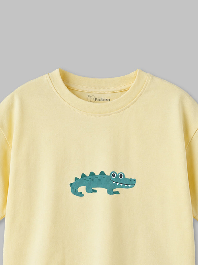 Organic Cotton Cream Crocodile Print Oversized Round Neck Half Sleeve T-Shirt | Unisex