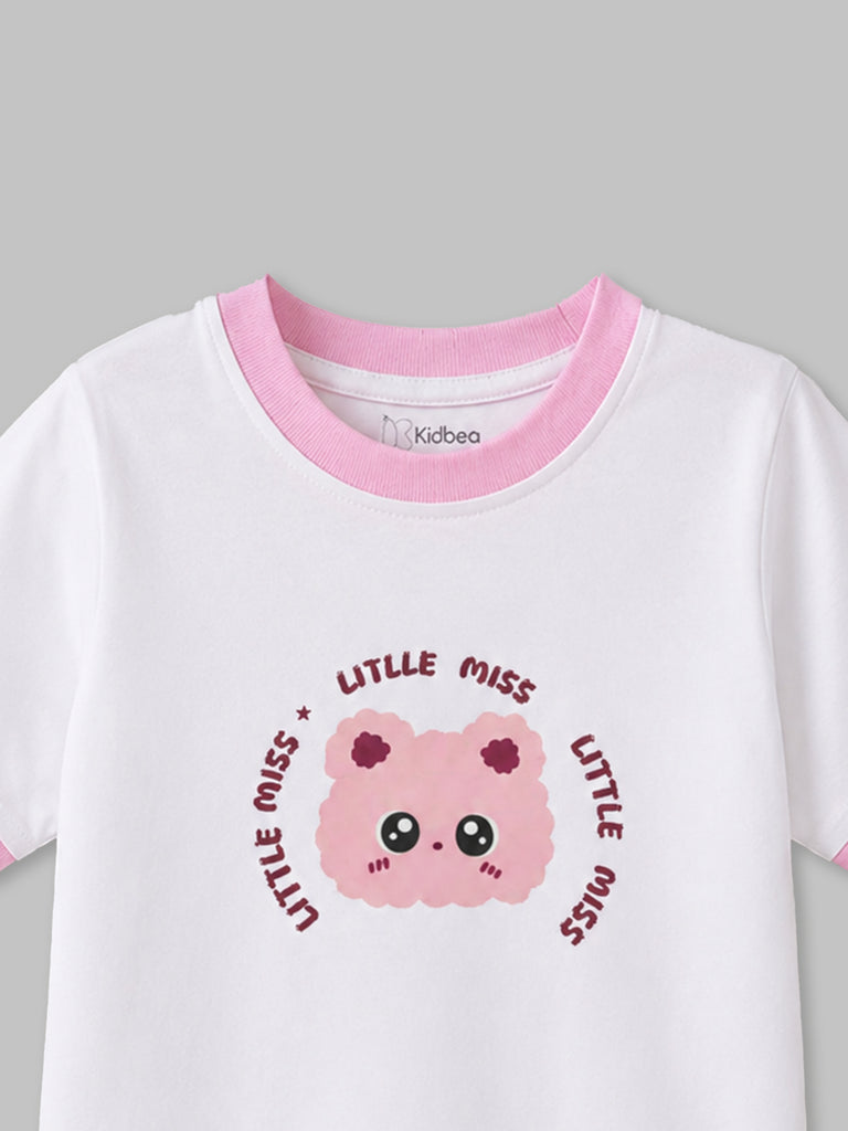 Girls White Organic Cotton Round Neck Little Miss Graphic T-Shirt