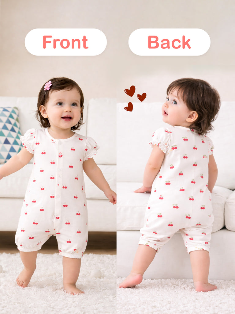 Organic Cotton Girls’ Giraffe & Cherry Print Romper Pack of 2