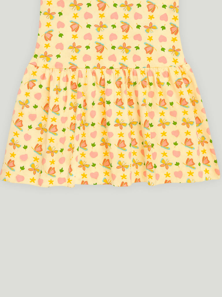 Kidbea Girls Cotton Frock | Floral & Heart Printed Summer Dress | Ruffle Sleeves | Yellow