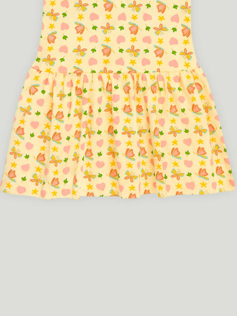 Kidbea Girls Cotton Frock | Floral & Heart Printed Summer Dress | Ruffle Sleeves | Yellow