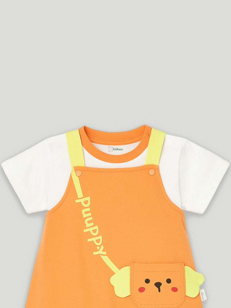 Kidbea Unisex Dungaree Set in Orange – Bright Puppy Themed Overalls with Cozy T-Shirt for Babies