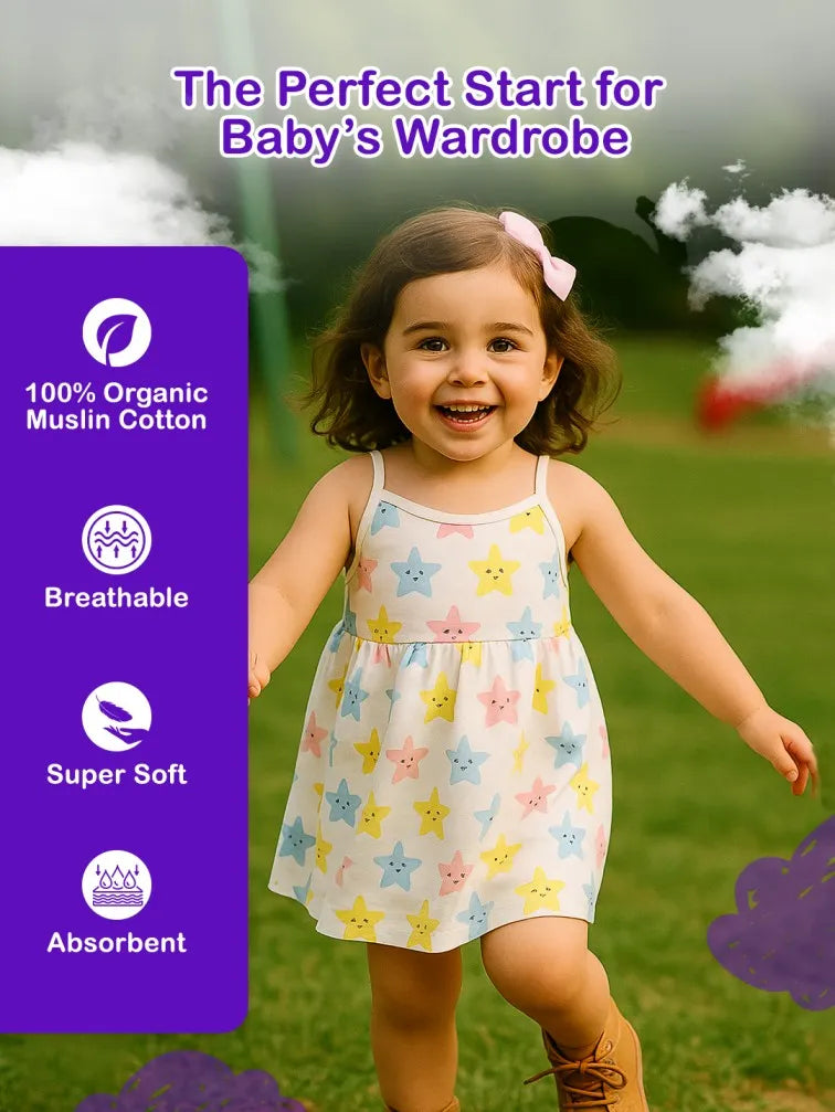 Premium Extra Soft Muslin Baby Girls Frock | Cute Star Print