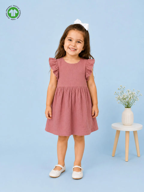 Organic Cotton Girls Flutter Sleeve A-Line Dress - Dusty Rose