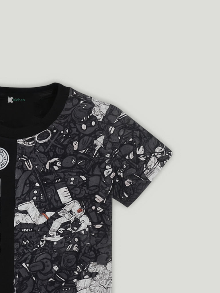 Kidbea Boys Space Theme Co-Ord Set | Cotton T-Shirt and Shorts for Kids | Black