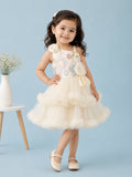 Girls Cream Partywear Frock – Floral Embroidered & Layered Tulle Dress