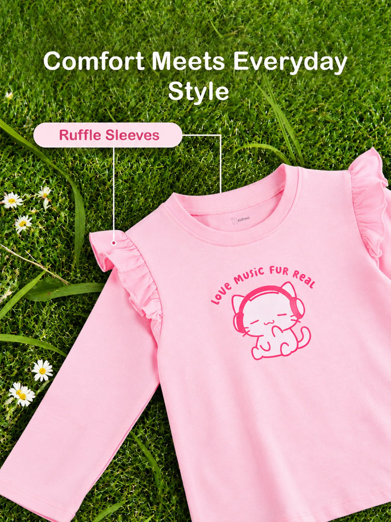 Girls Pink Full-Sleeve Top – Love Music Fur Real Print