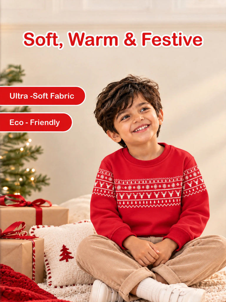 Unisex Cotton Sweatshirt – Red Full-Sleeve Christmas Fair Isle Printed Pullover