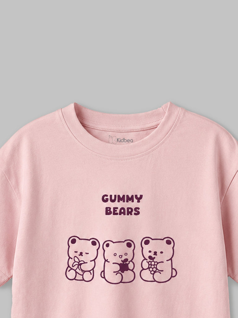Girls Light Organic Cotton Pink Gummy Bears Round Neck T-Shirt