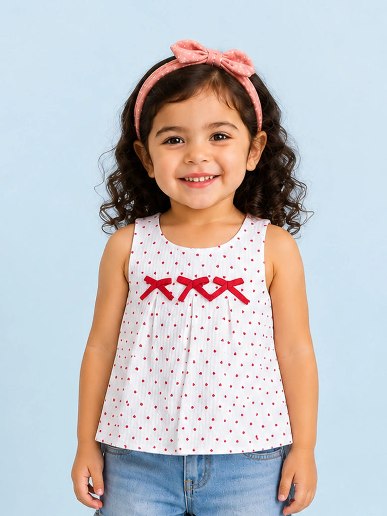 Girls Cotton White Heart Print Top