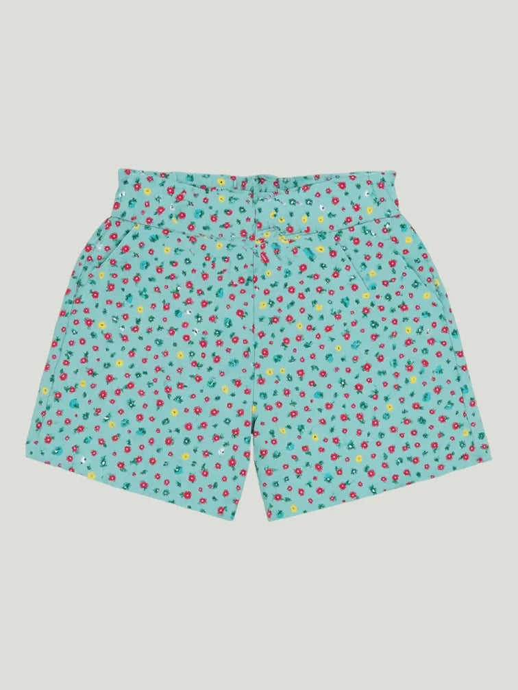 Girl Floral Print Clothing Set | Ruffle Sleeve Top and Matching Shorts | Teal