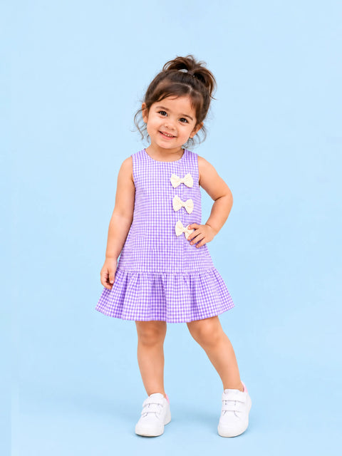 Girls Cotton Gingham Frock – Lavender Check Dress with White Bow Details