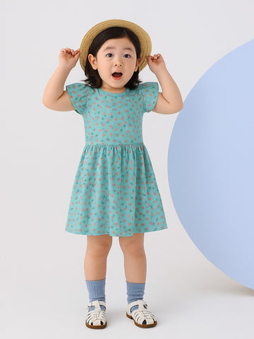 Kidbea Girls Cotton Frock | Soft & Breathable Fabric | Flutter Sleeve Casual Wear for Kids | Teal