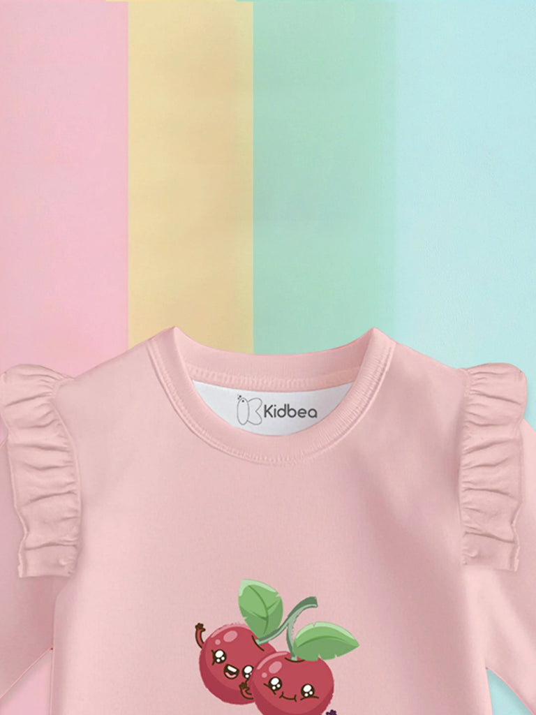100% Bamboo Cotton Girls Full Sleeves Cherry Printed Co-Ord Set - Blush Pink