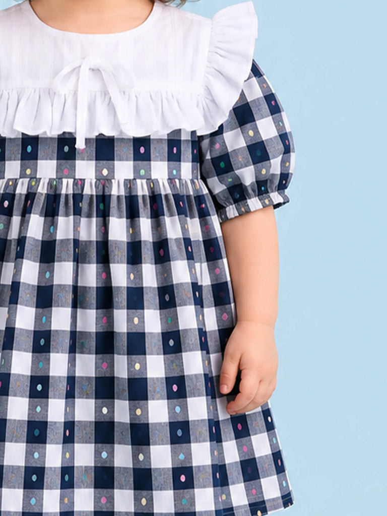 Light Organic Cotton White & Black Checkered Frill Collar Frock Dress