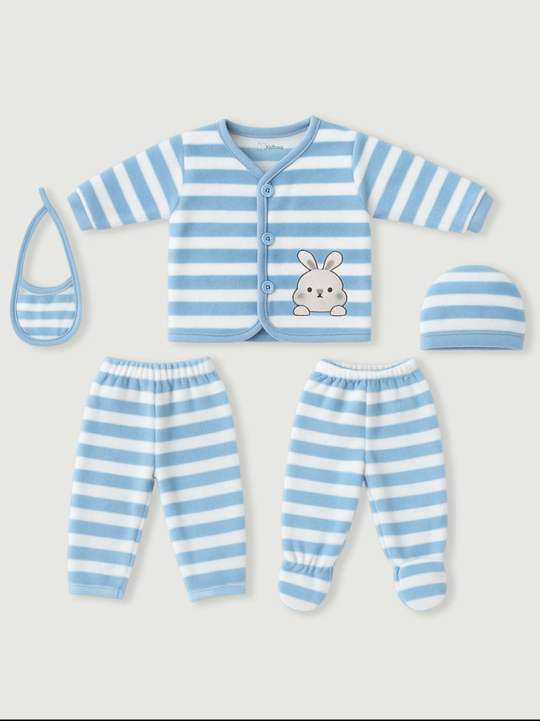 Unisex Baby Winter Wear – 5 Piece Cozy Cotton Set with Cardigan, Pants, Footed Bottom, Cap & Bib