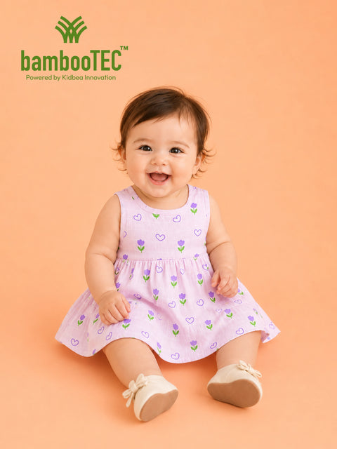 BambooTEC™ Bamboo Muslin Baby Frock – Tulip & Heart Print, Soft & Breathable Dress