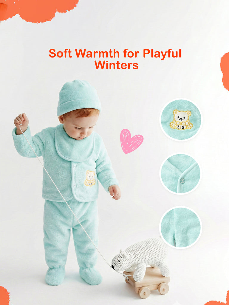 Unisex Baby Winter Wear – Pack of 5 Cozy Set with Cardigan, Pants, Footed Pants, Cap & Bib